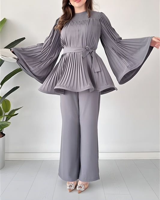 Elegante Plissee-Bluse mit Schlaghose Zweiteiler Set