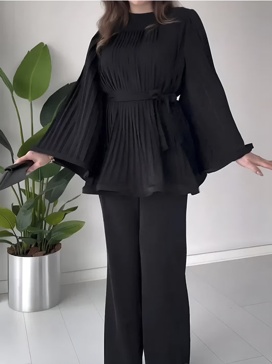 Elegante Plissee-Bluse mit Schlaghose Zweiteiler Set