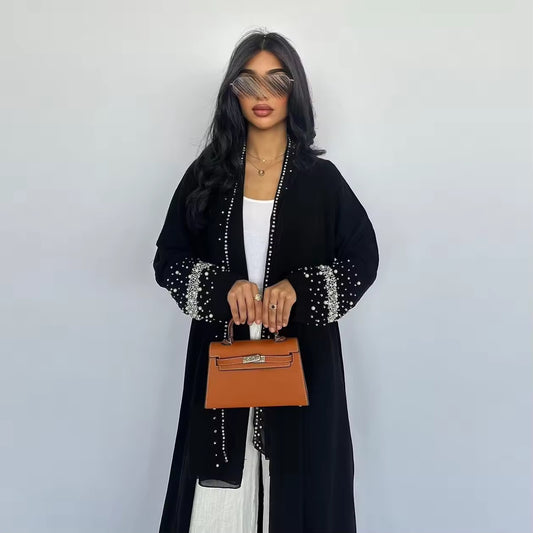 Eleganter schwarzer Abaya-Cardigan mit Perlenverzierung