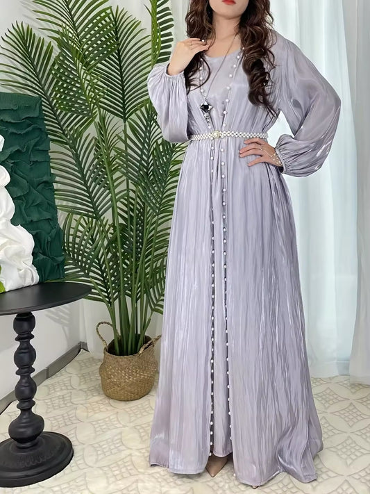 Elegantes Satin-Dreiteiliges Set – Maxikleid mit Gürtel und Schal