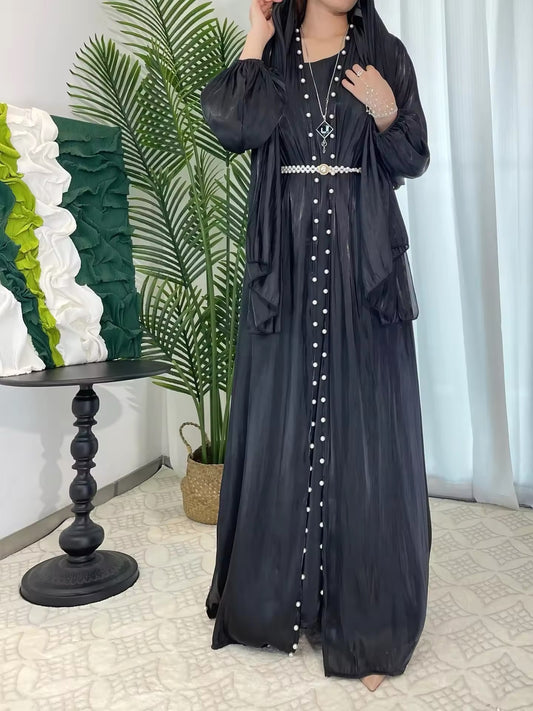 Elegantes Satin-Dreiteiliges Set – Maxikleid mit Gürtel und Schal
