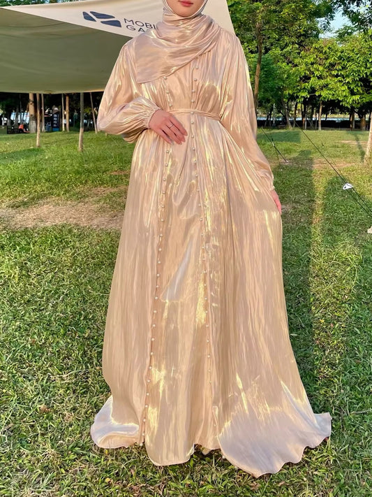 Elegantes Satin-Dreiteiliges Set – Maxikleid mit Gürtel und Schal