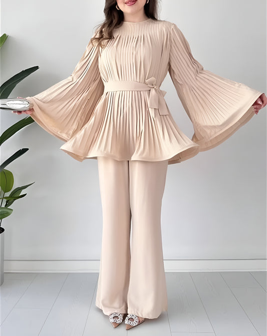 Elegante Plissee-Bluse mit Schlaghose Zweiteiler Set