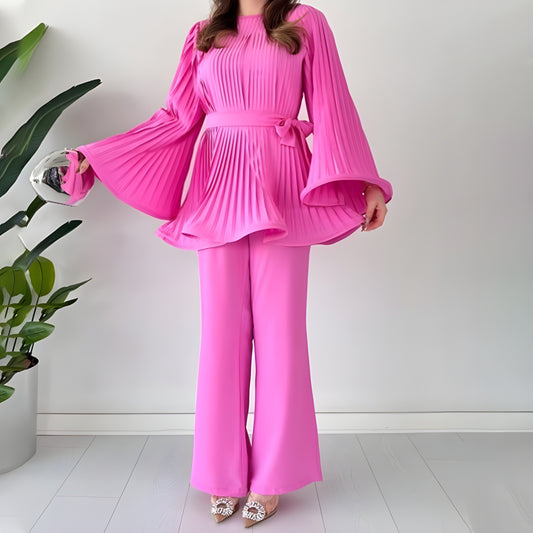 Elegante Plissee-Bluse mit Schlaghose Zweiteiler Set